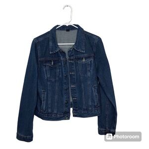 SHEIN Women’s Trucker Denim Jacket, Button Front, Front Pocket, Dark Wash, Large